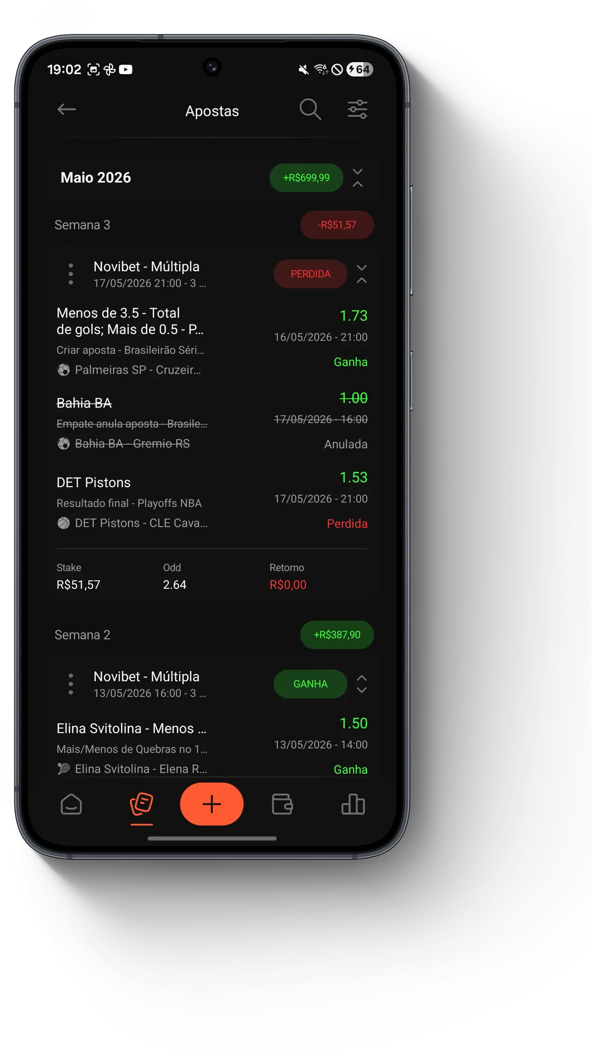 Tela de histórico de apostas do Apostei App