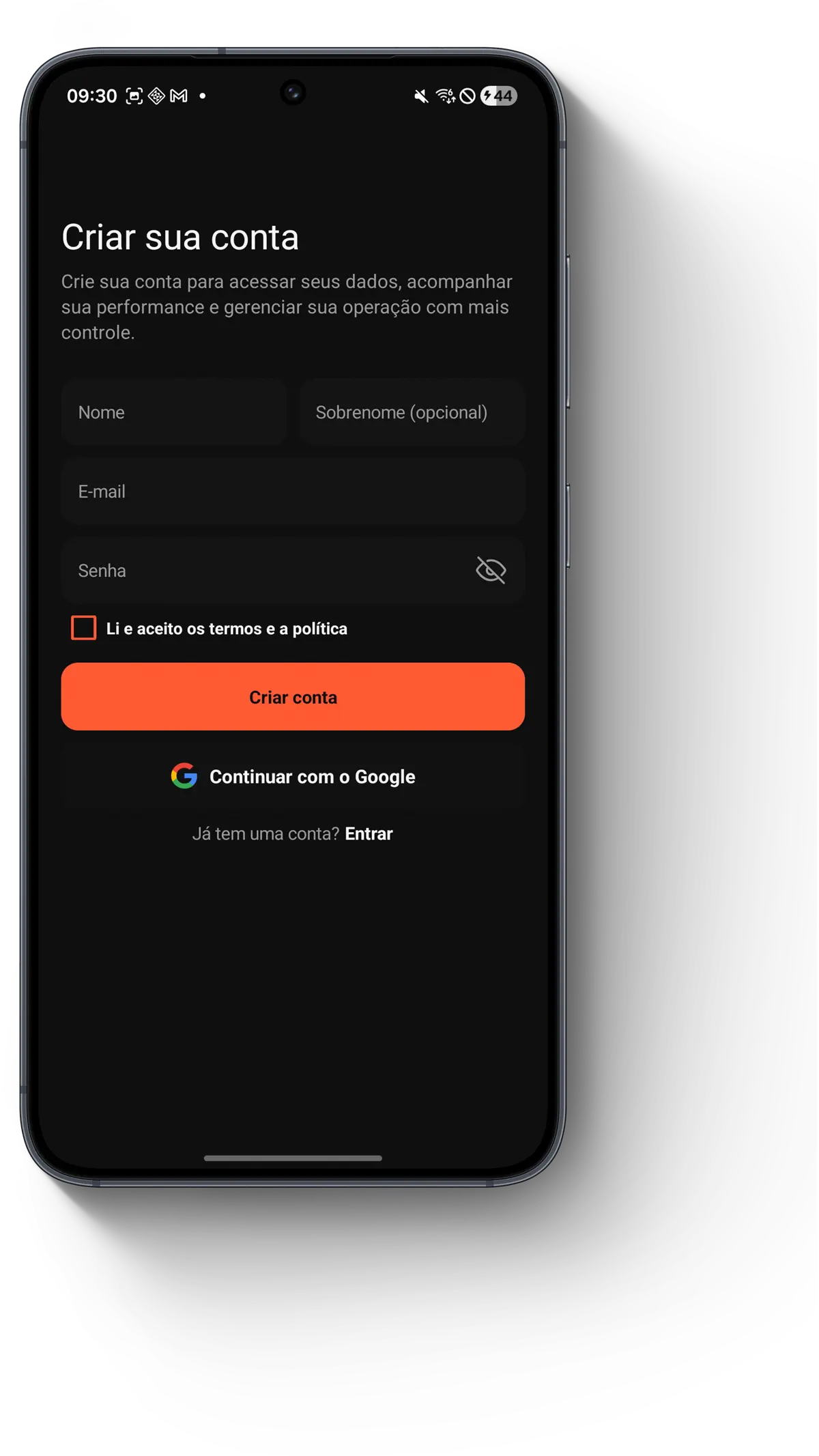 Tela de criação de conta do Apostei App