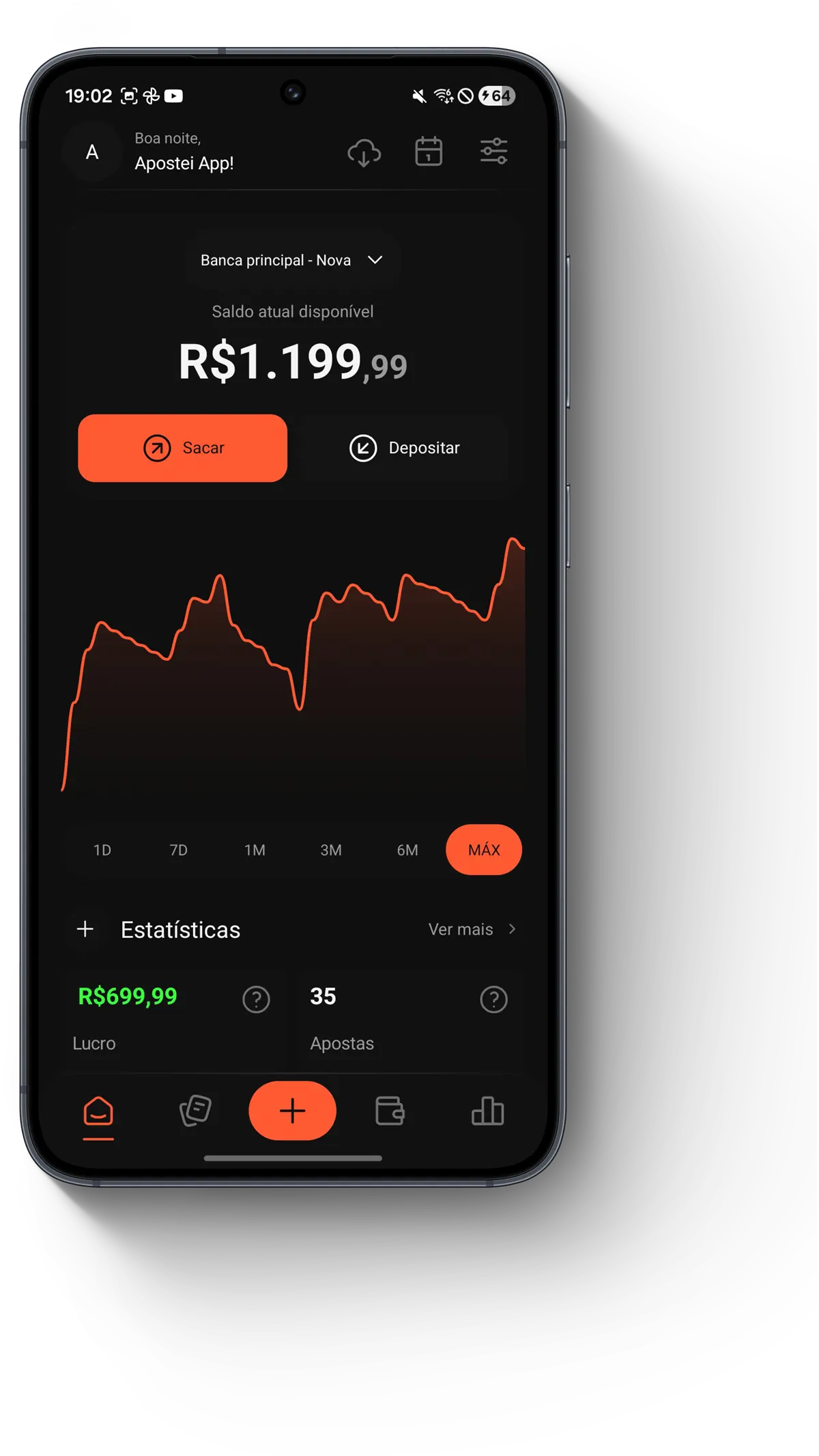 Tela inicial do Apostei App com saldo, gráfico e estatísticas
